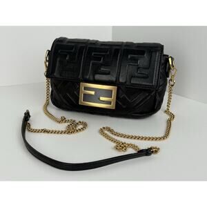 Fendi Mini Zucca Embossed Black Leather Baguette Satchel